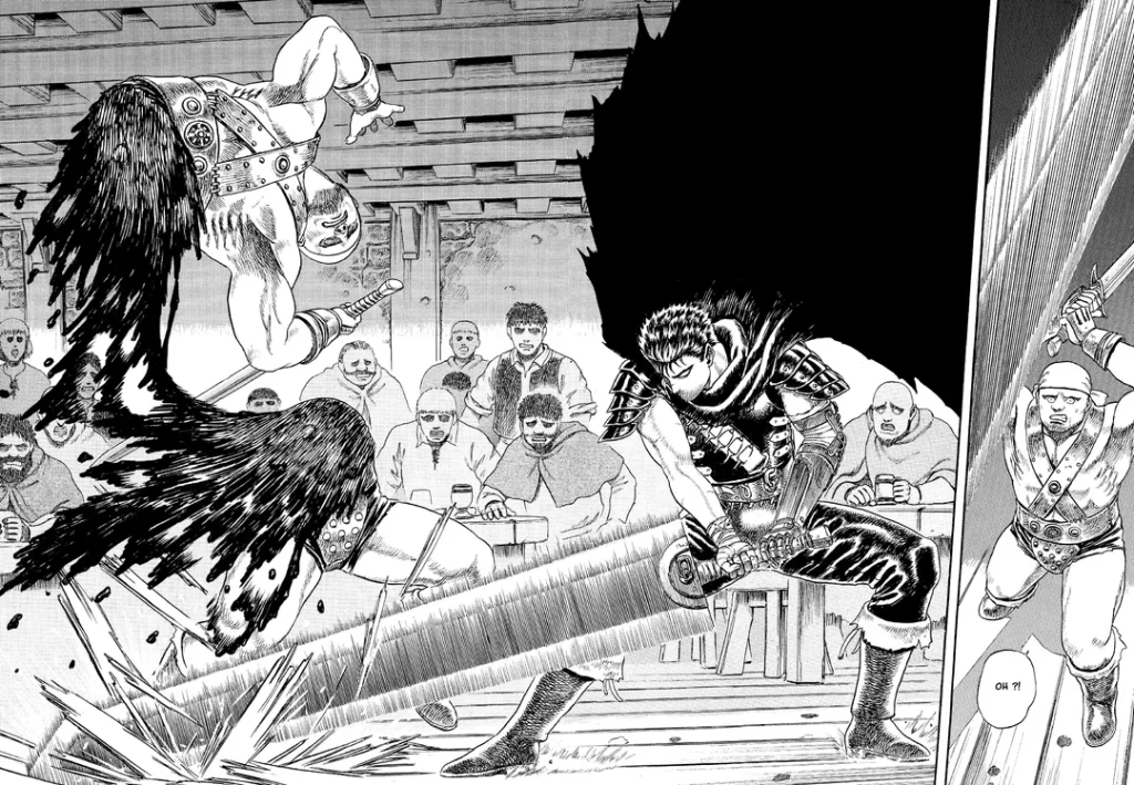 Berserk Volume 1 Panel showing Guts, the protagonist, cleaving his opponent in half with his massive great sword