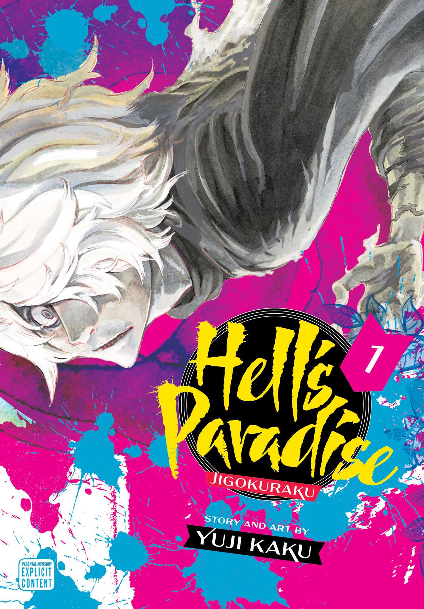 Hell's Paradise Volume 1 cover art showing a man with long white hair standing against a colorful background with splashes of paint