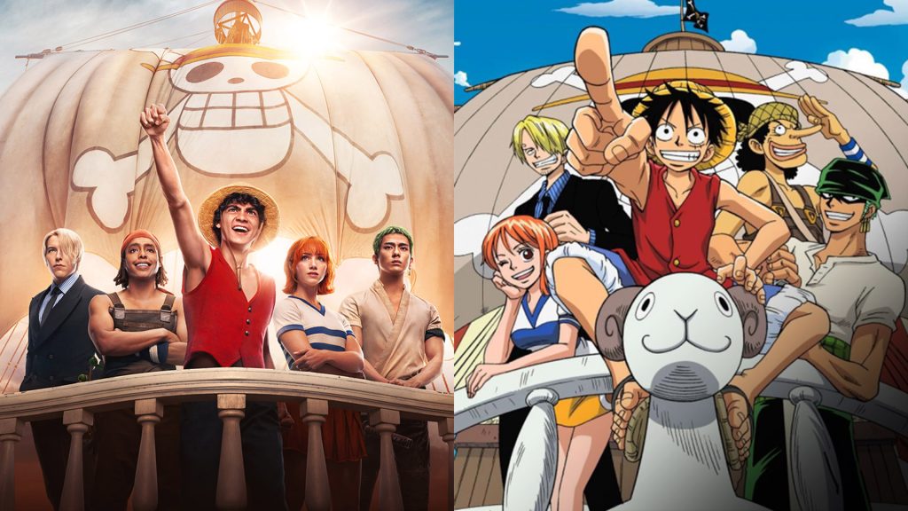 A comparison of the live-action and anime versions of the Straw Hat Pirates from One Piece, standing on the deck of the Thousand Sunny