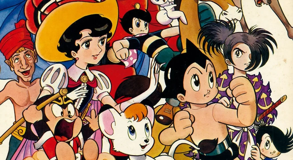 A colorful illustration featuring Astro Boy and other characters from the Tezuka Osamu Universe, including Princess Uran, Goldor, and a variety of robot animals