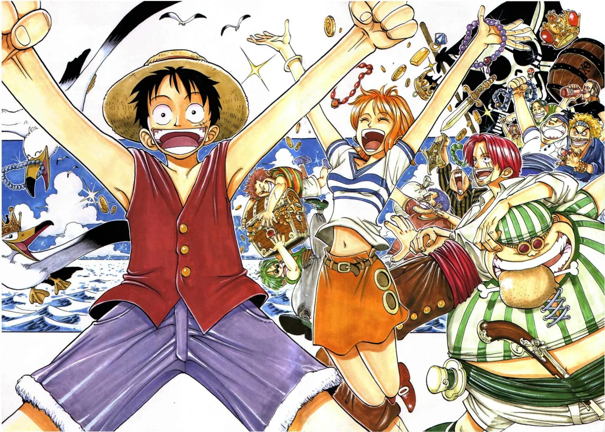 A vibrant image of the Straw Hat Pirates from One Piece, full of joy and excitement.